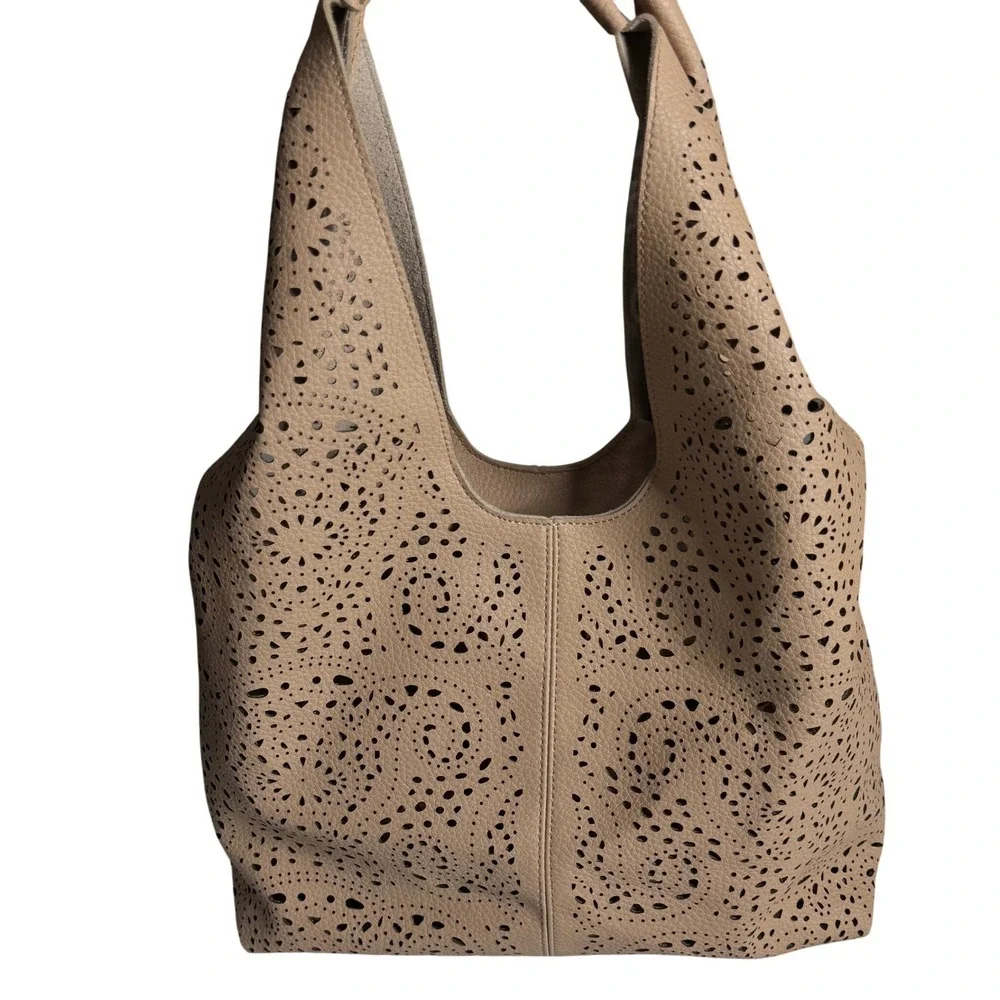 Melie Bianco Farrow Tote Bag Laser Cut Vegan Leather Tan with Removable Pouch